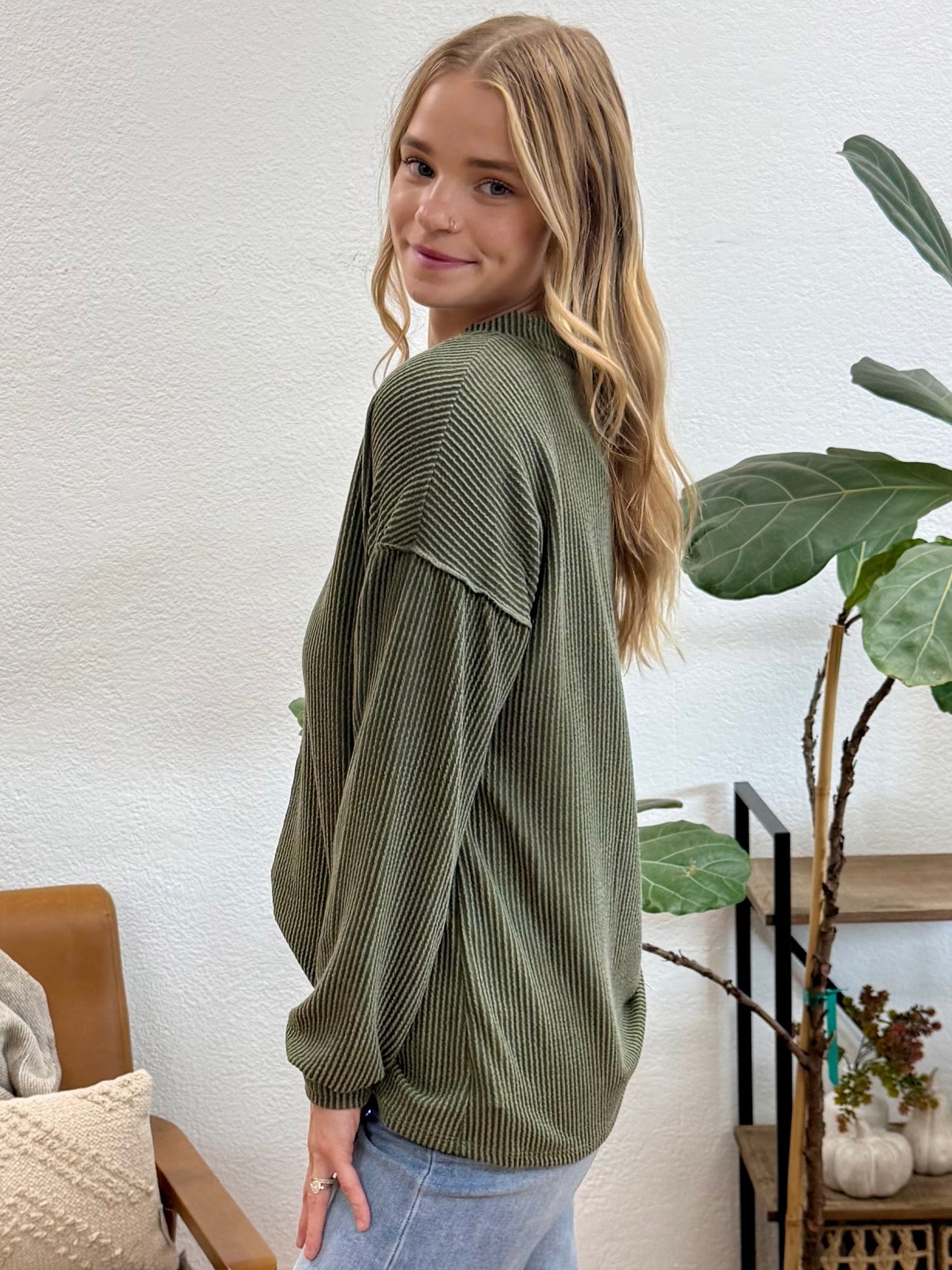 Olive Puff Sleeve Urban Ribbed Top