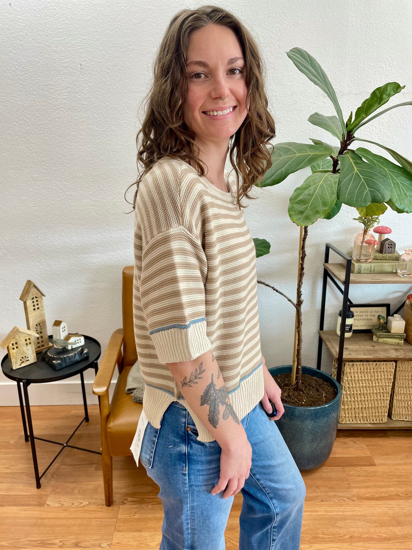 Khaki Stripe Raw Edge Sweater - Terra Cottage