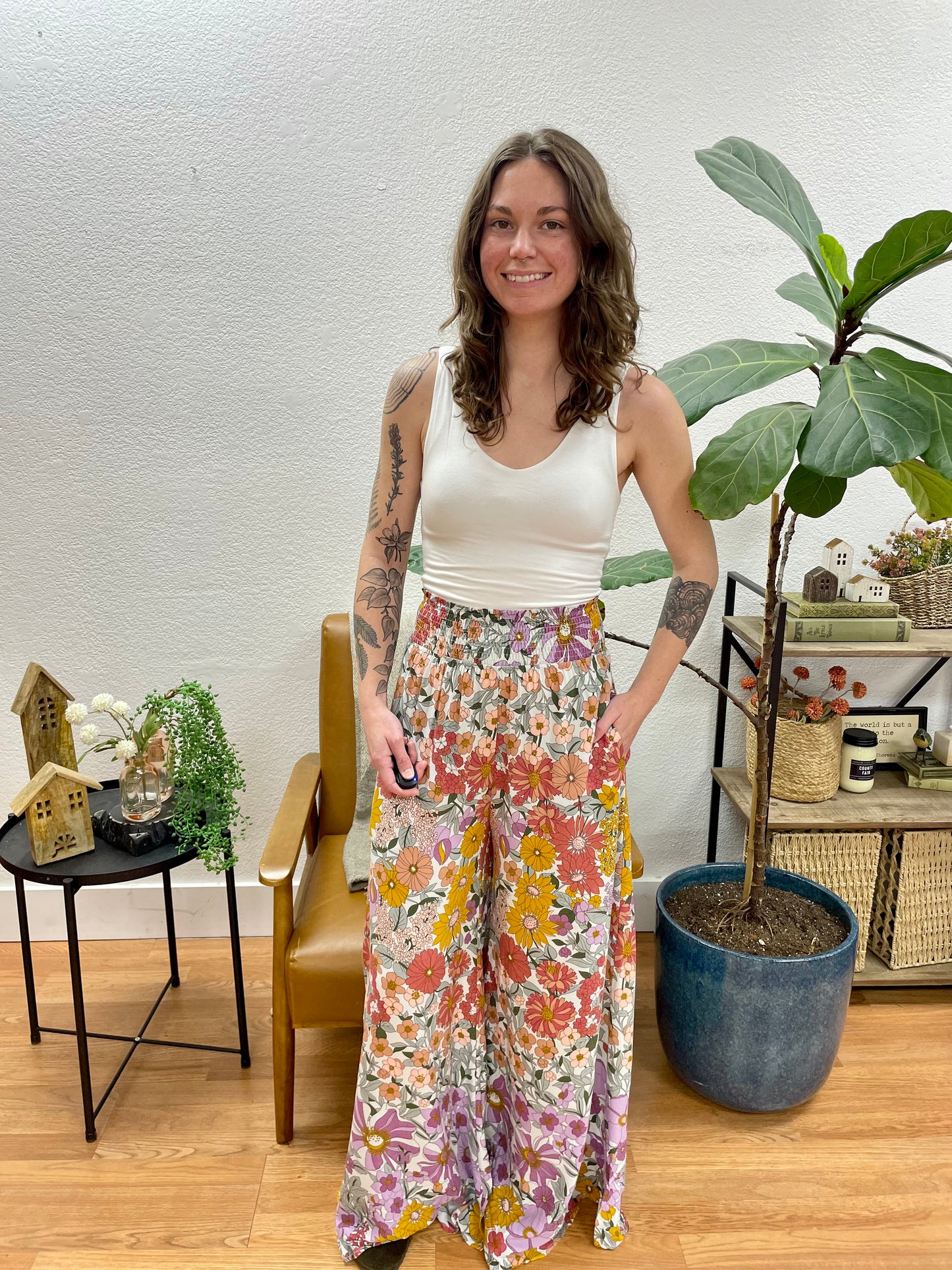 Lavender Bold Floral Flare Pants - Terra Cottage