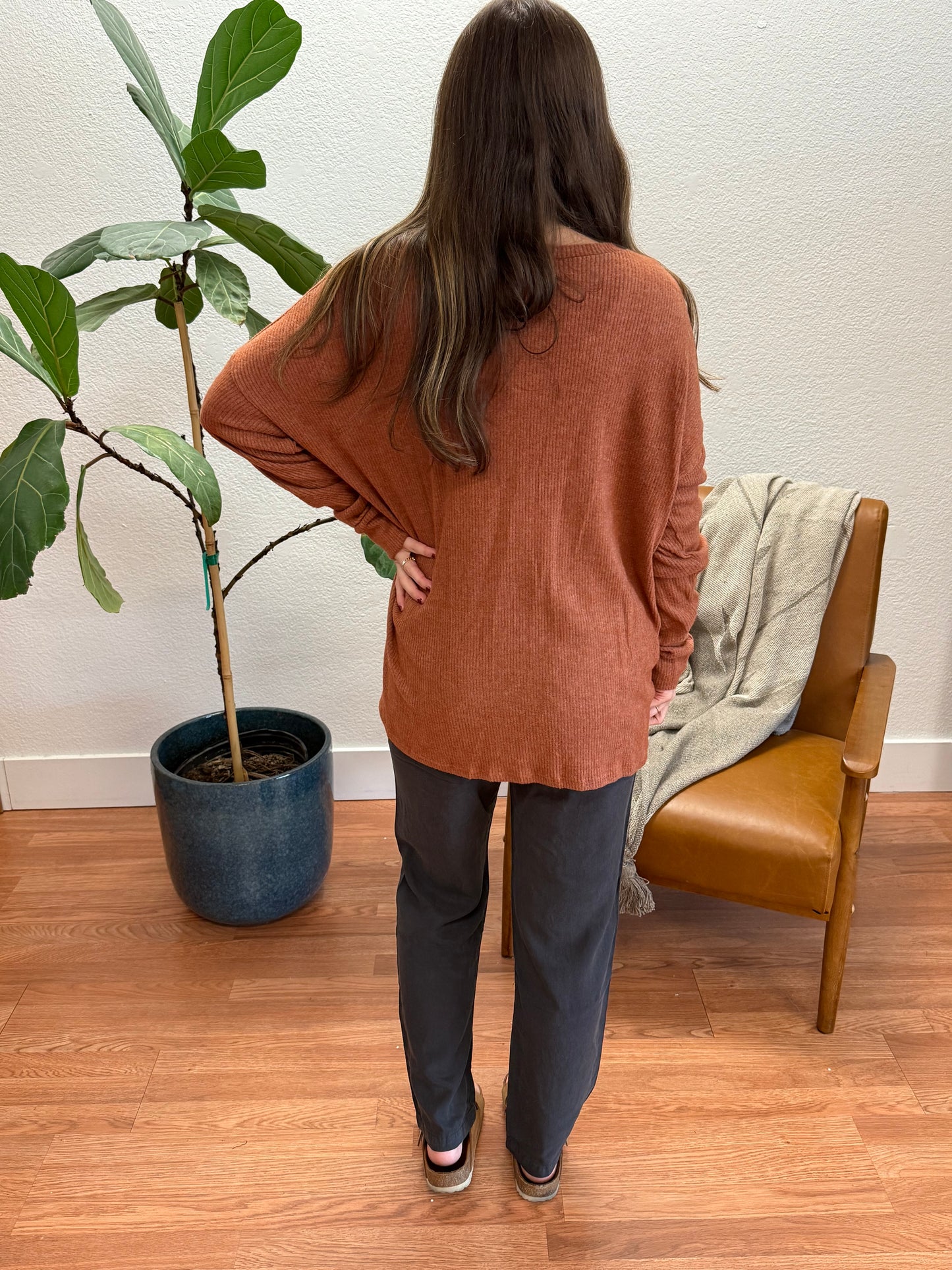 Burnt Orange Thermal V-Neck Top