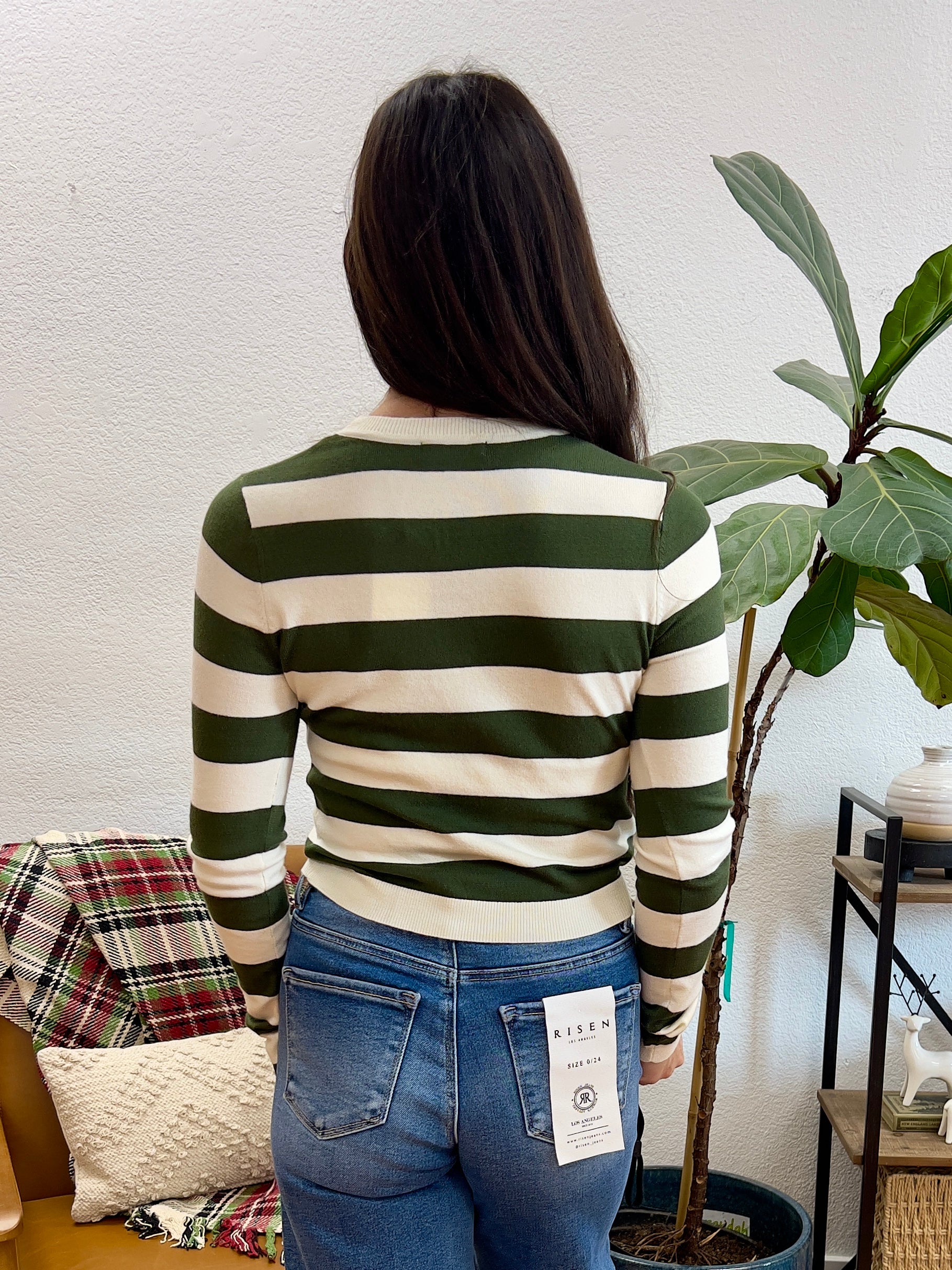 Green and Ivory Striped Sweater - Terra Cottage