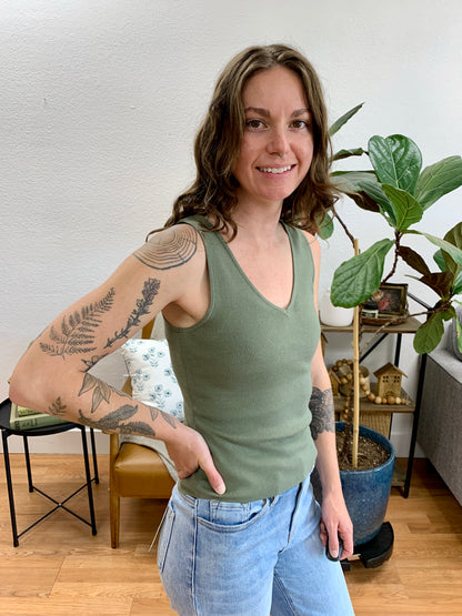 Olive V Neck Soft Knit Tank