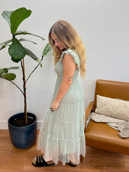 Sage Polka Dot Chiffon Midi Dress