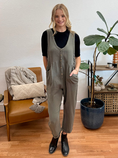 Olive Button Up Jumpsuit