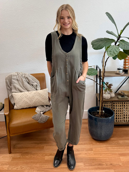 Olive Button Up Jumpsuit