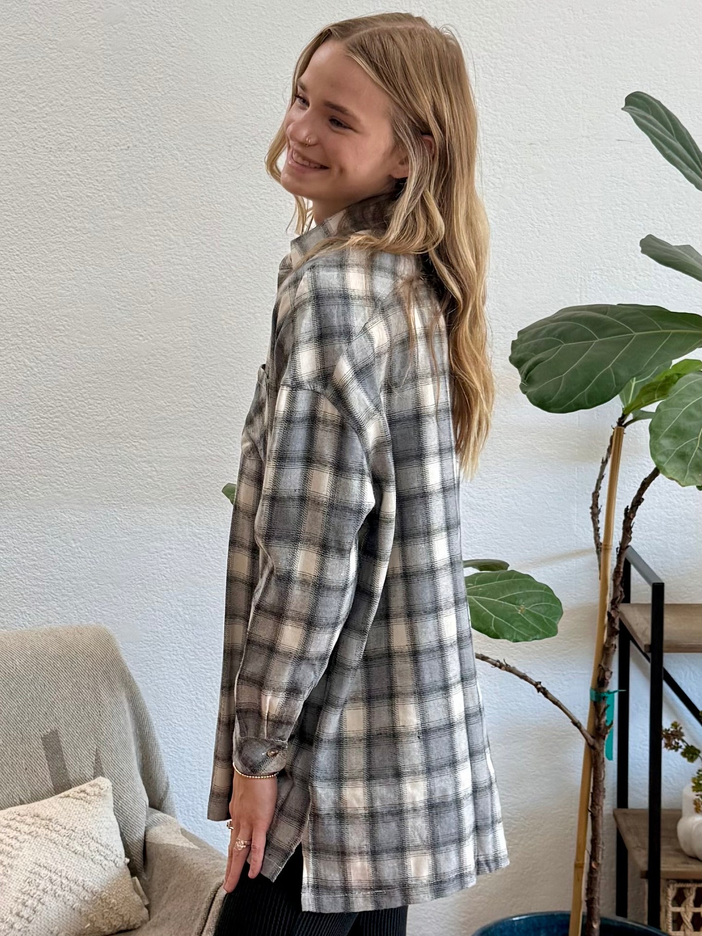Ivory Grey Plaid Button Up Top