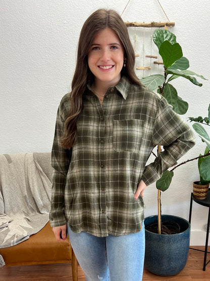 Olive Boyfriend Plaid Button Up Shirt