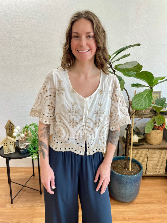 Embroidered Bell Sleeve Top
