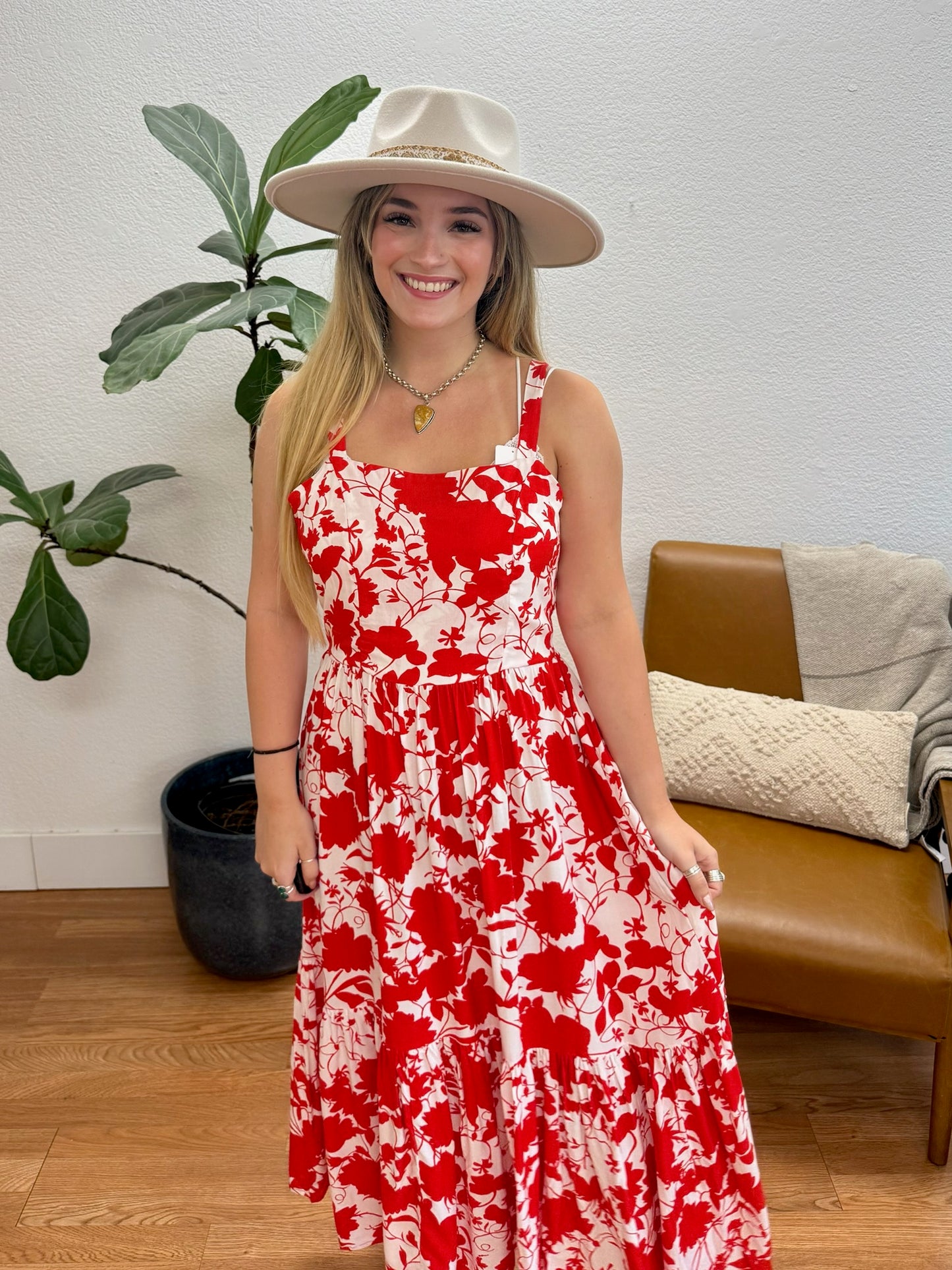 Red Floral Cami Midi Dress