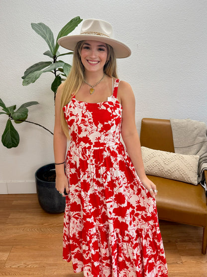 Red Floral Cami Midi Dress