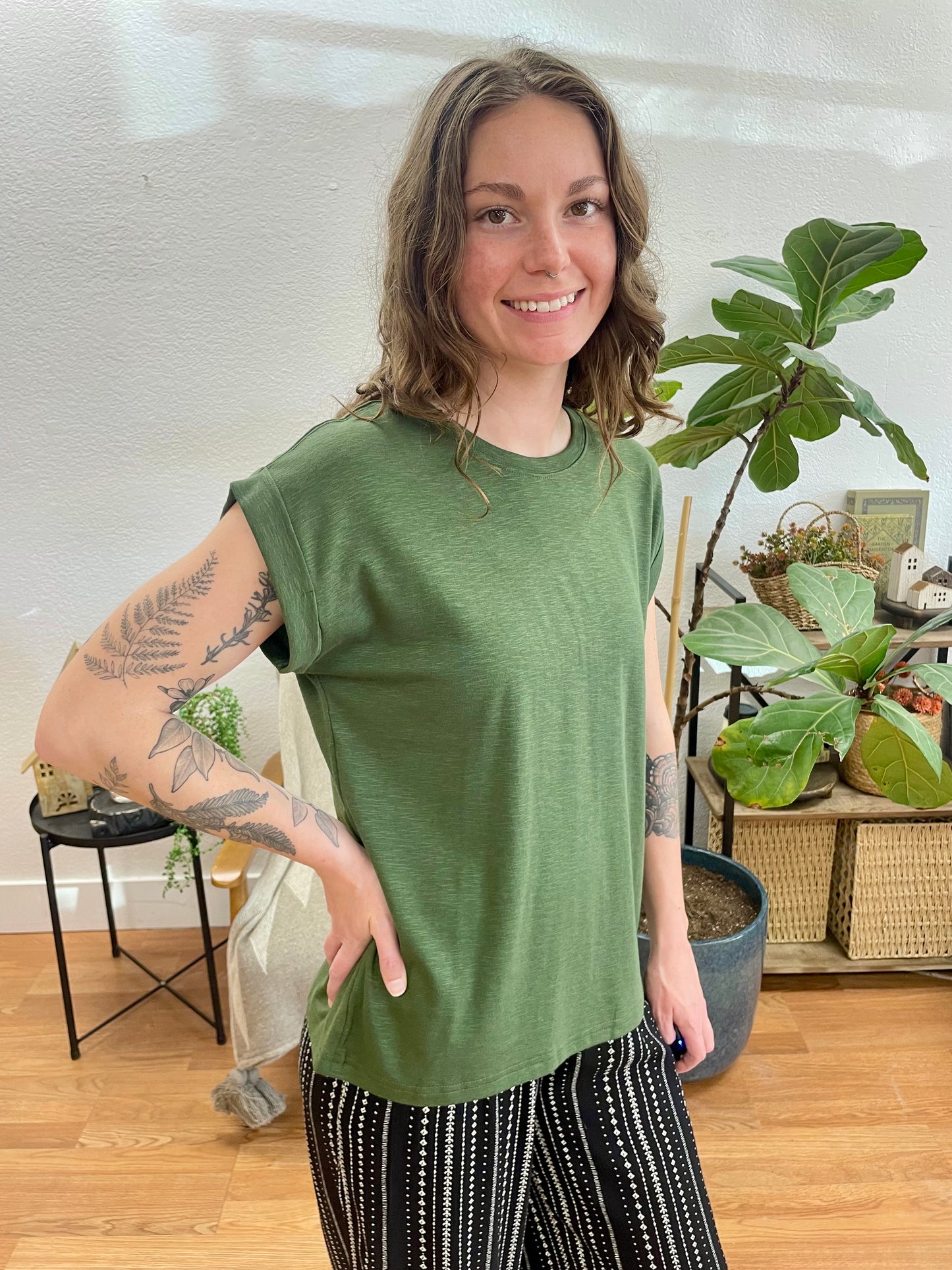 Army Green Modal Rolled Sleeve Tee