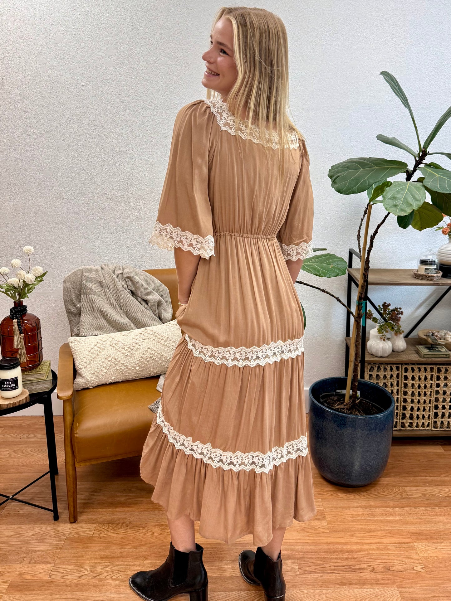 Hazelnut Lace Trim Midi Dress