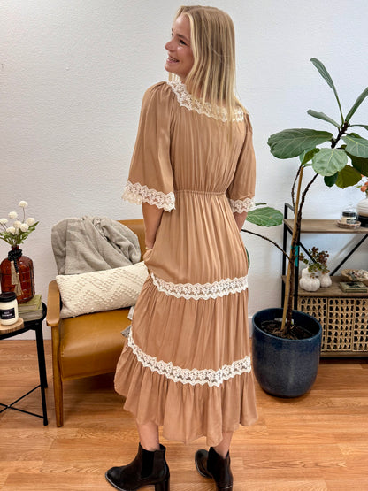 Hazelnut Lace Trim Midi Dress