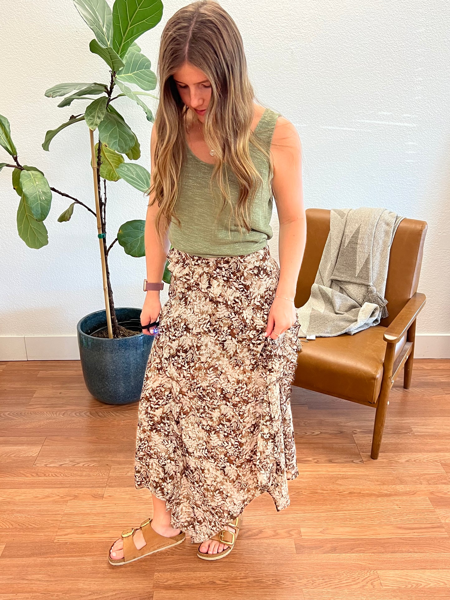 Brown Floral Wrap Handkerchief Midi Skirt