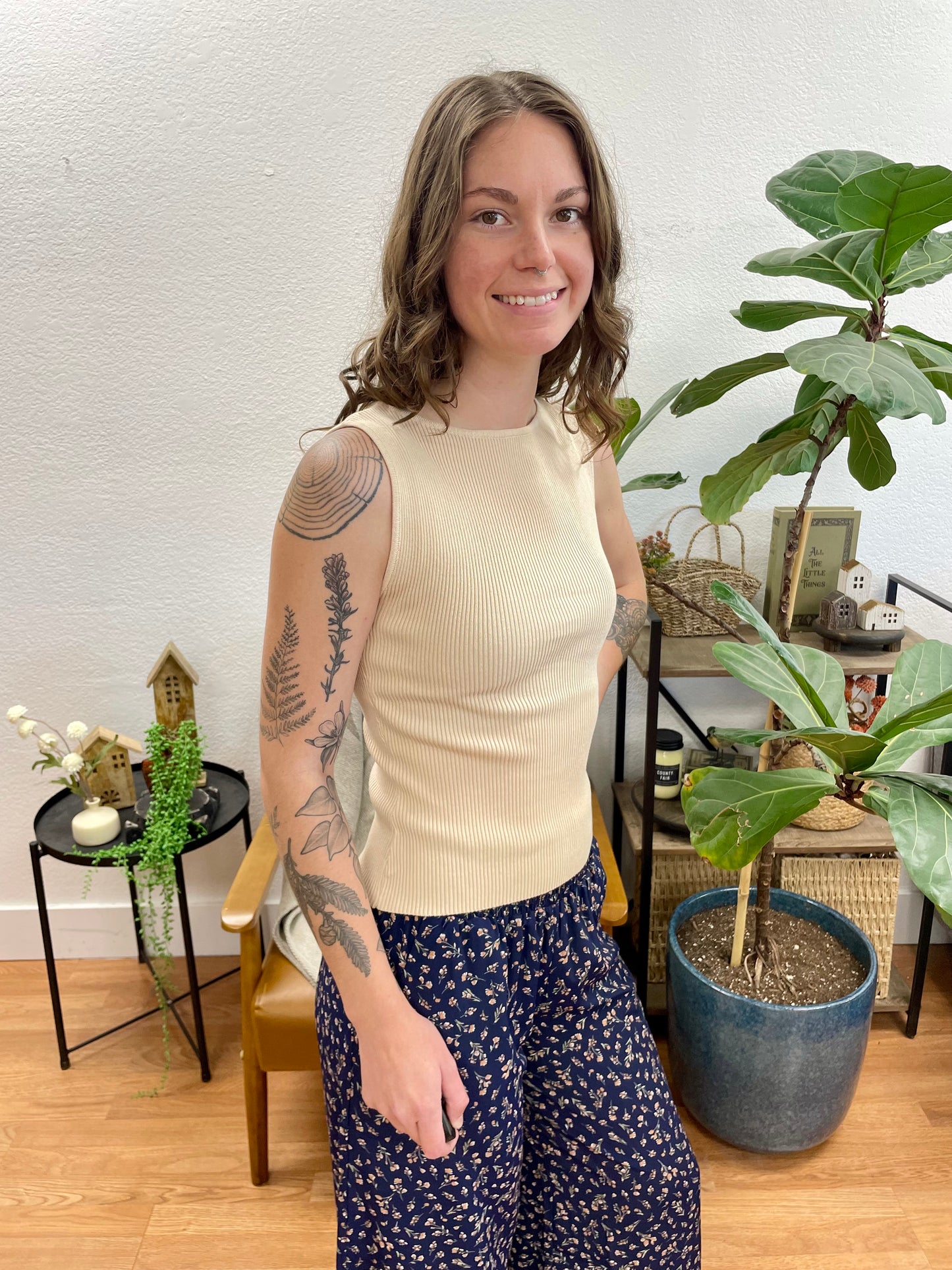 Khaki Boatneck Sleeveless Knit Top