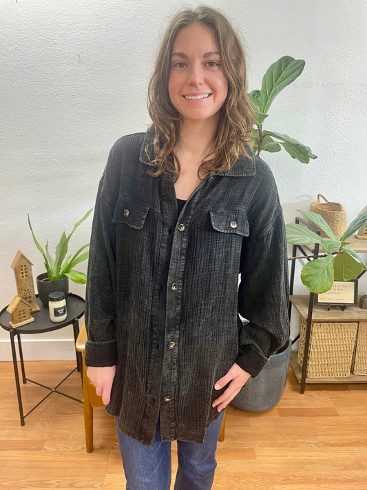 Black Washed Button Up Oversized Shirt - Terra Cottage