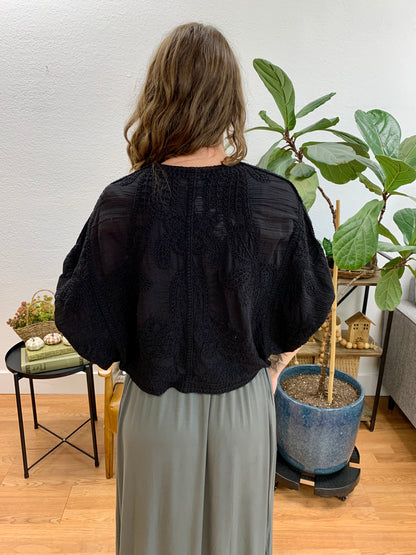 3/4 Sleeve Solid Embroidered Crochet Open Cardigan Top