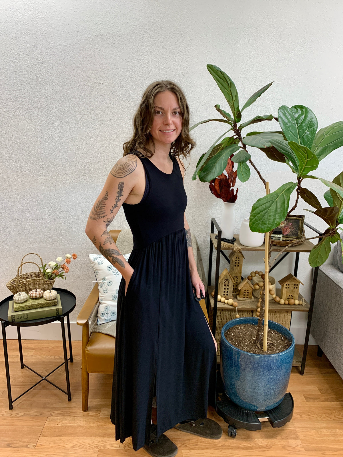 Black Front Slit Midi Dress