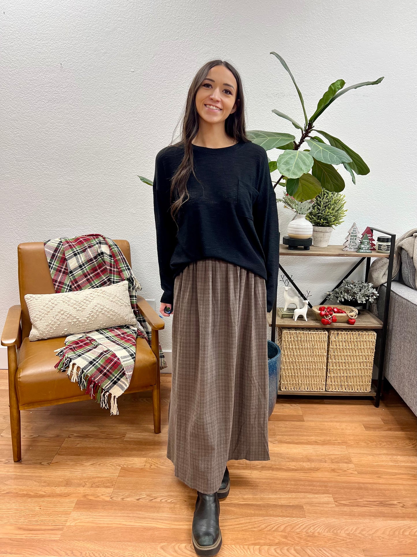 Olive Plaid Pocket Midi Skirt