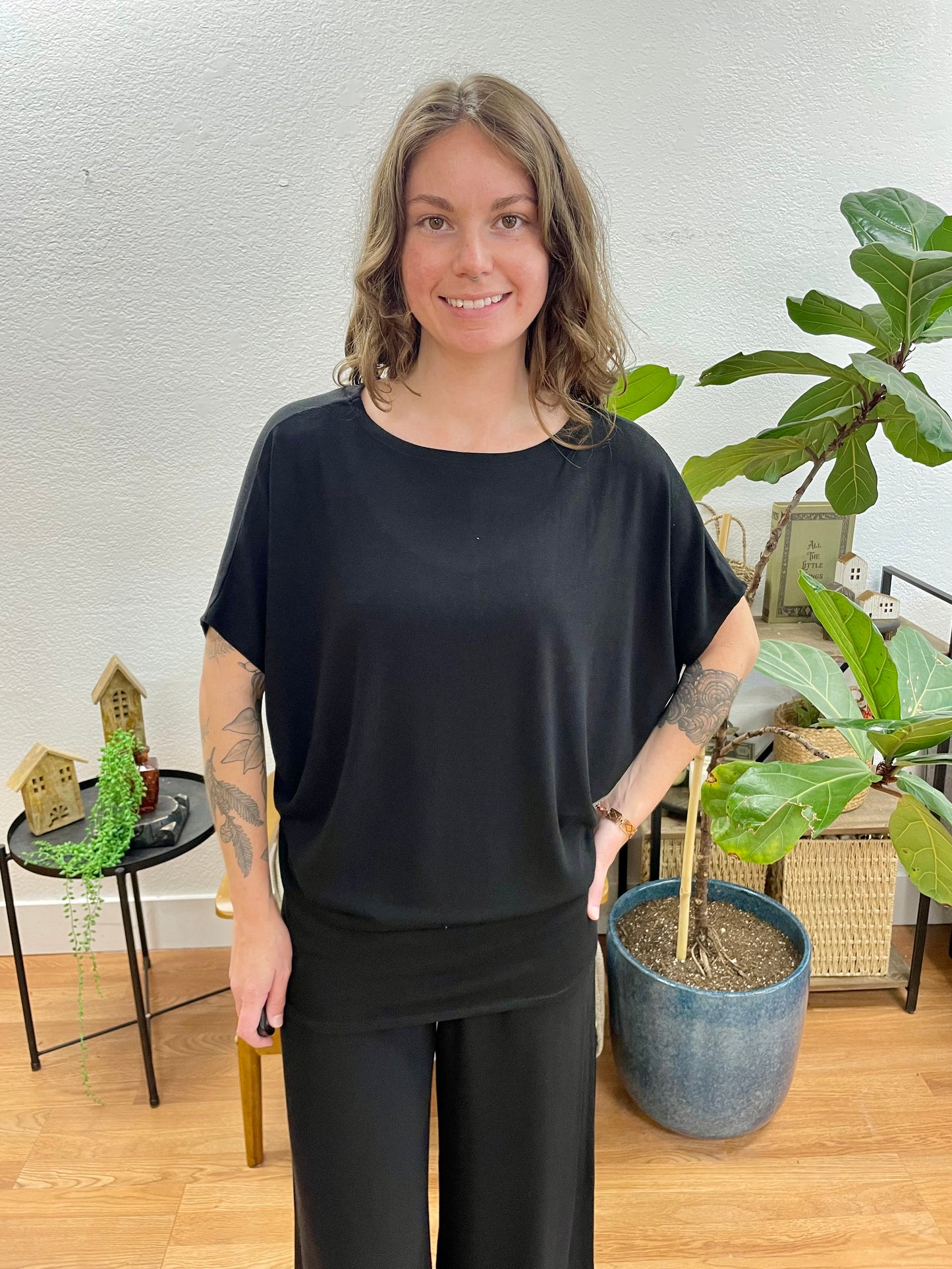 Black Dolman Sleeve Boat Neck Top