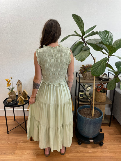 Mint Smocked Tie Front Tiered Midi Dress