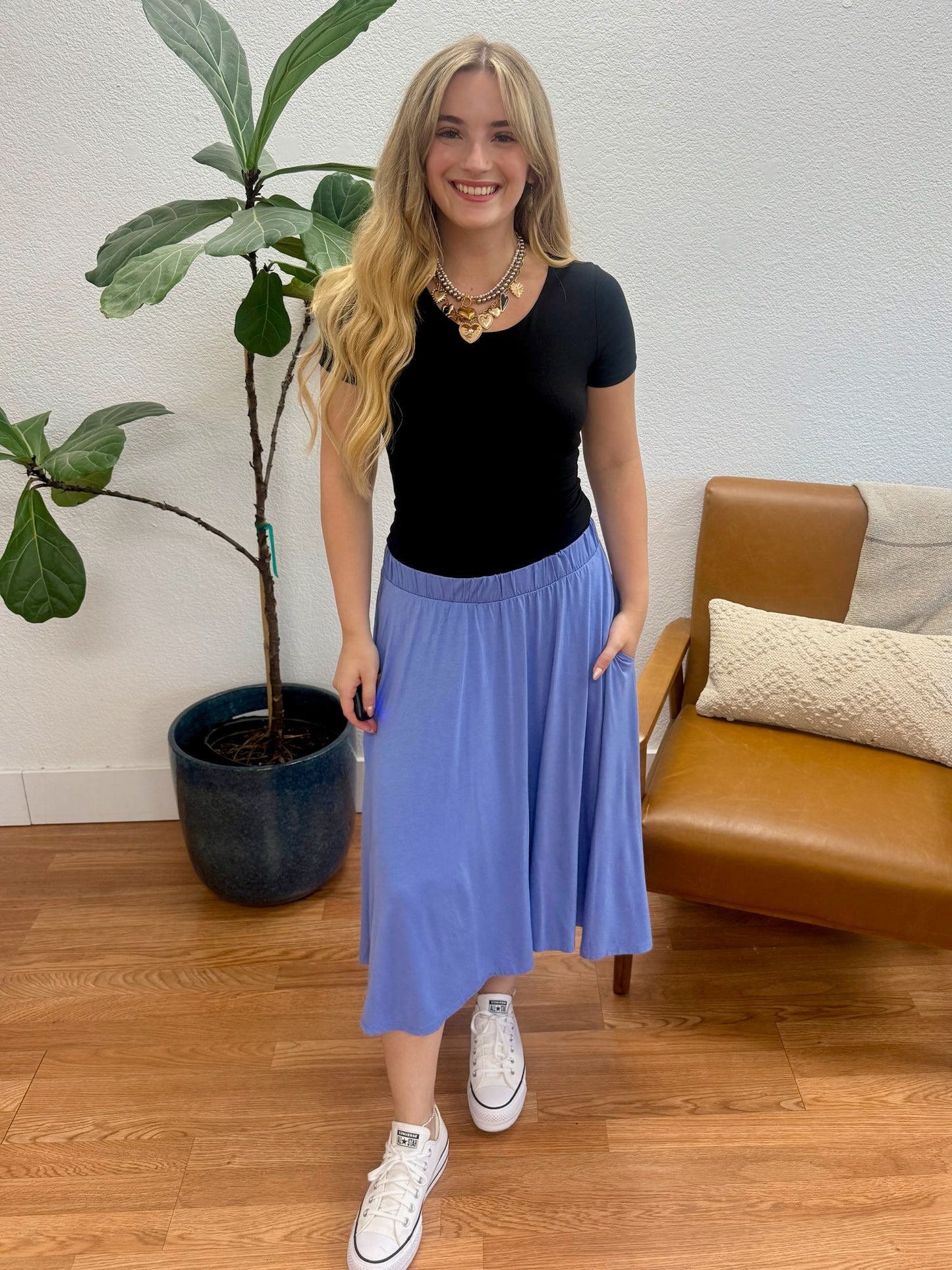 Denim Pleated A-Line Skirt