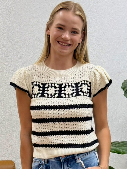 Stripe Short Sleeve Crochet Knit Top