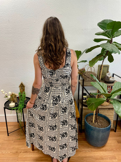 Black Tile Print Midi Dress
