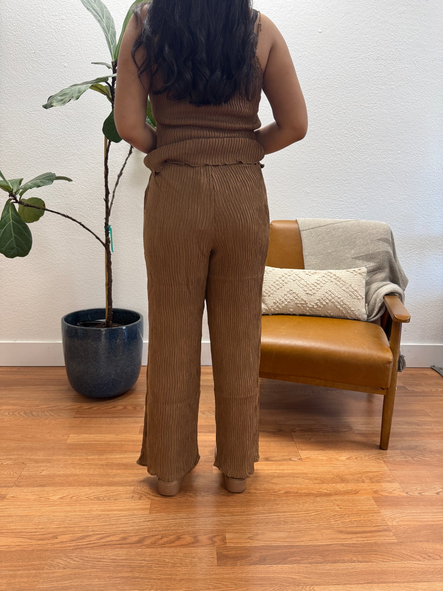 Almond High Waist Plisse Dress Pants