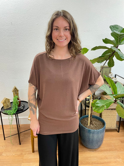 Brown Dolman Sleeve Boat Neck Top