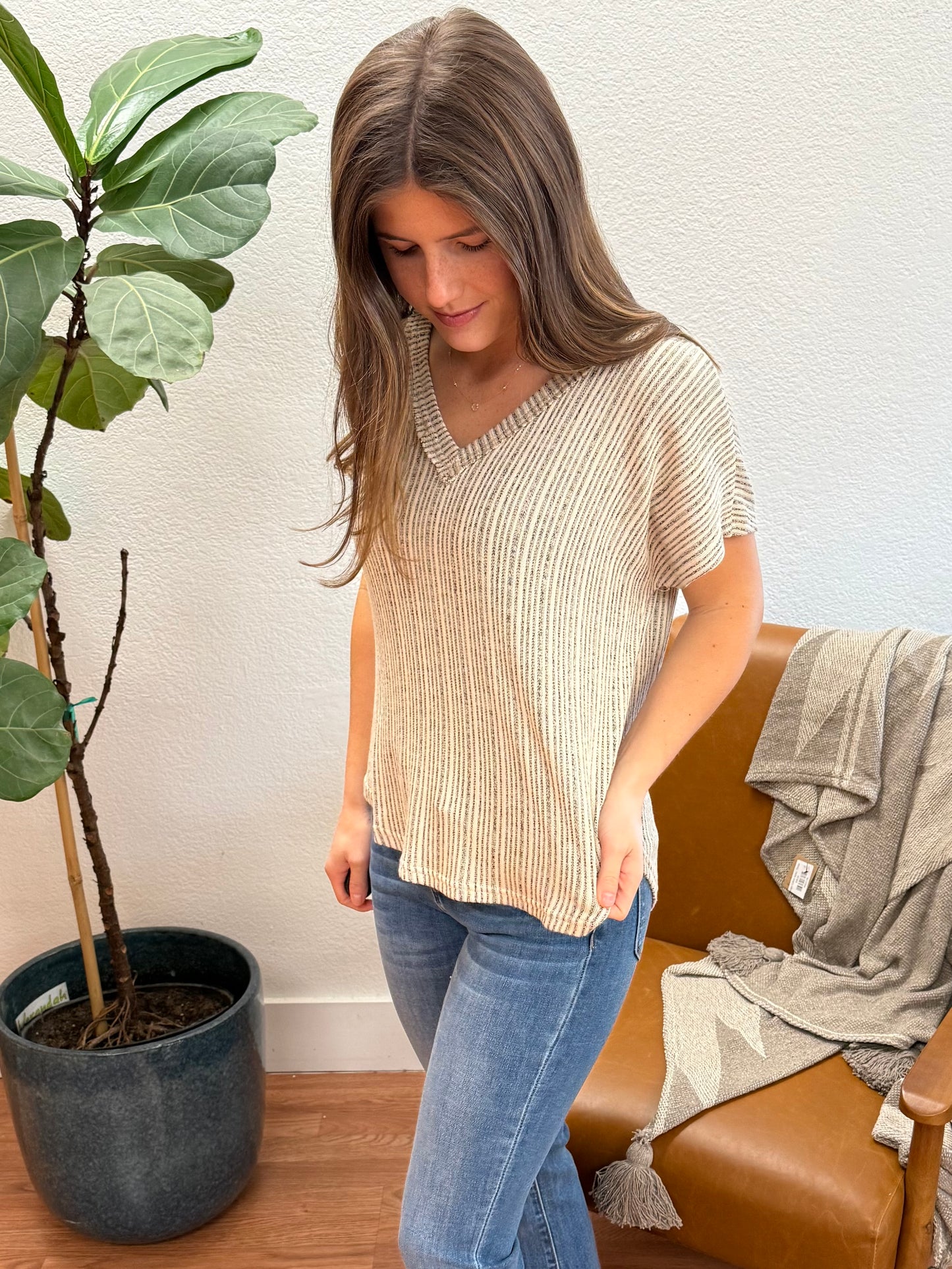 Taupe V-Neck Sweater Knit Top