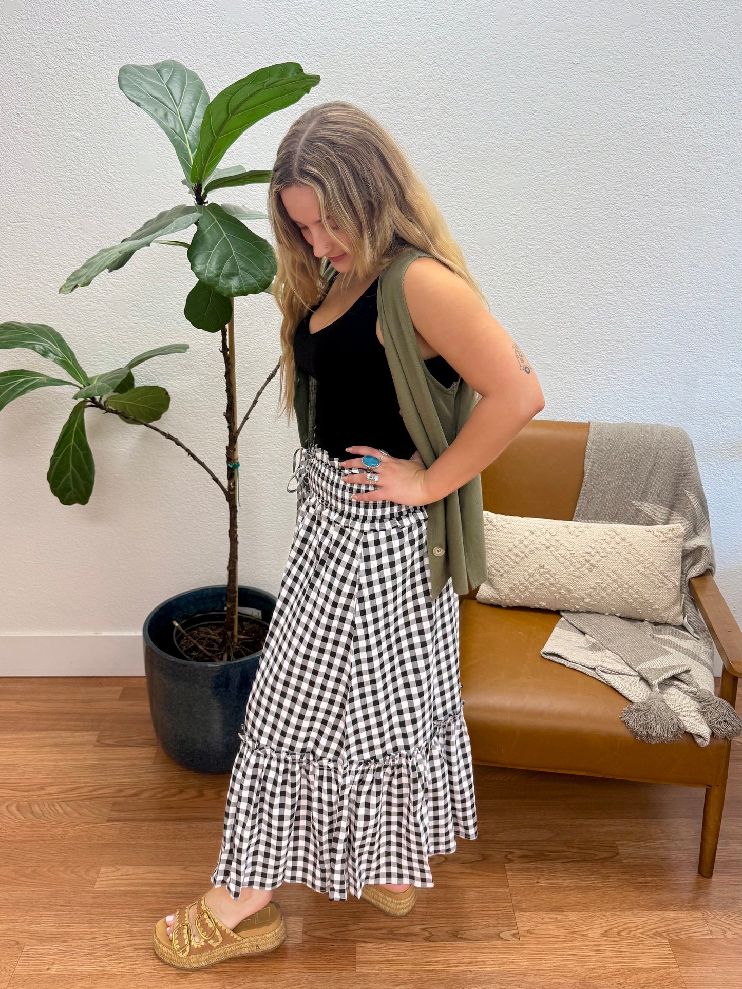Black Gingham High Rise Smocked Skirt