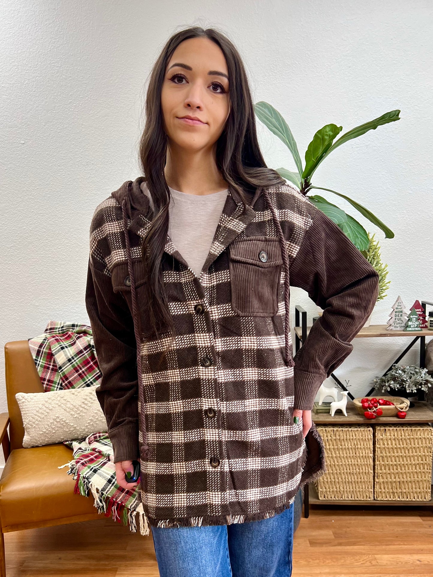 Brown Plaid Hooded Jacket