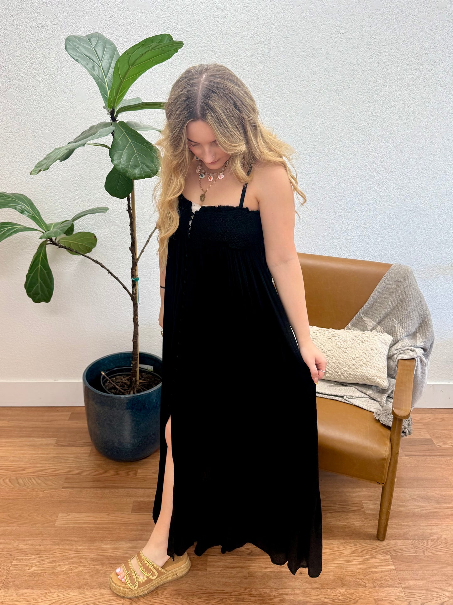 Black Smocked Bodice Maxi Dress