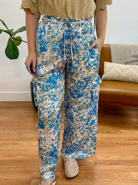 Blue Satin Cargo Pants