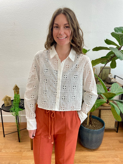 Off White Eyelet Cropped Button Front