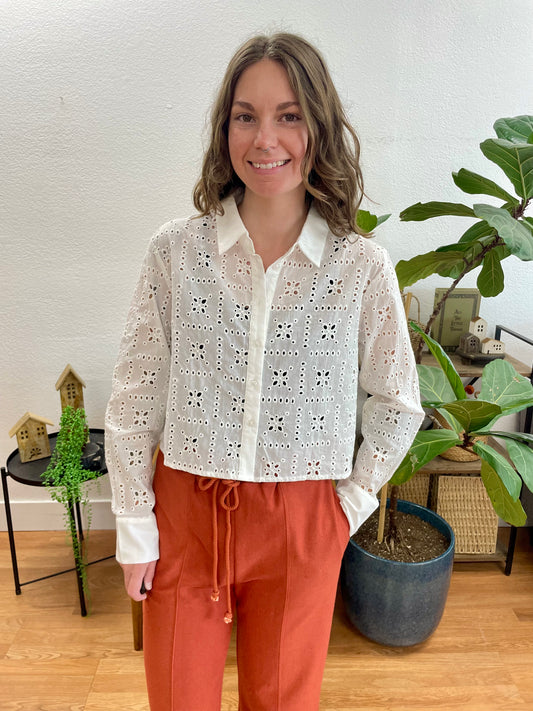 Off White Eyelet Cropped Button Front