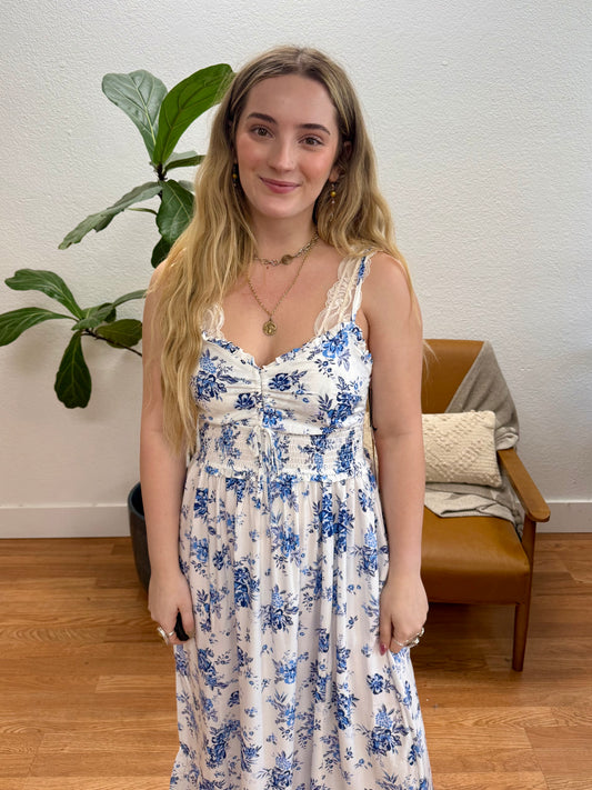 Blue Floral Smocked Ruffle Midi Dress