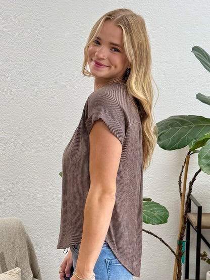 Mocha Pinstripe Button Down Top