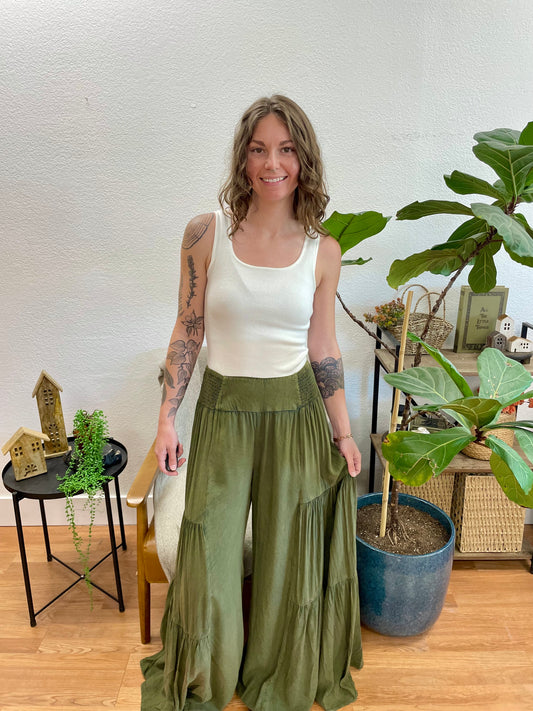 Olive Washed Wide Leg Pants