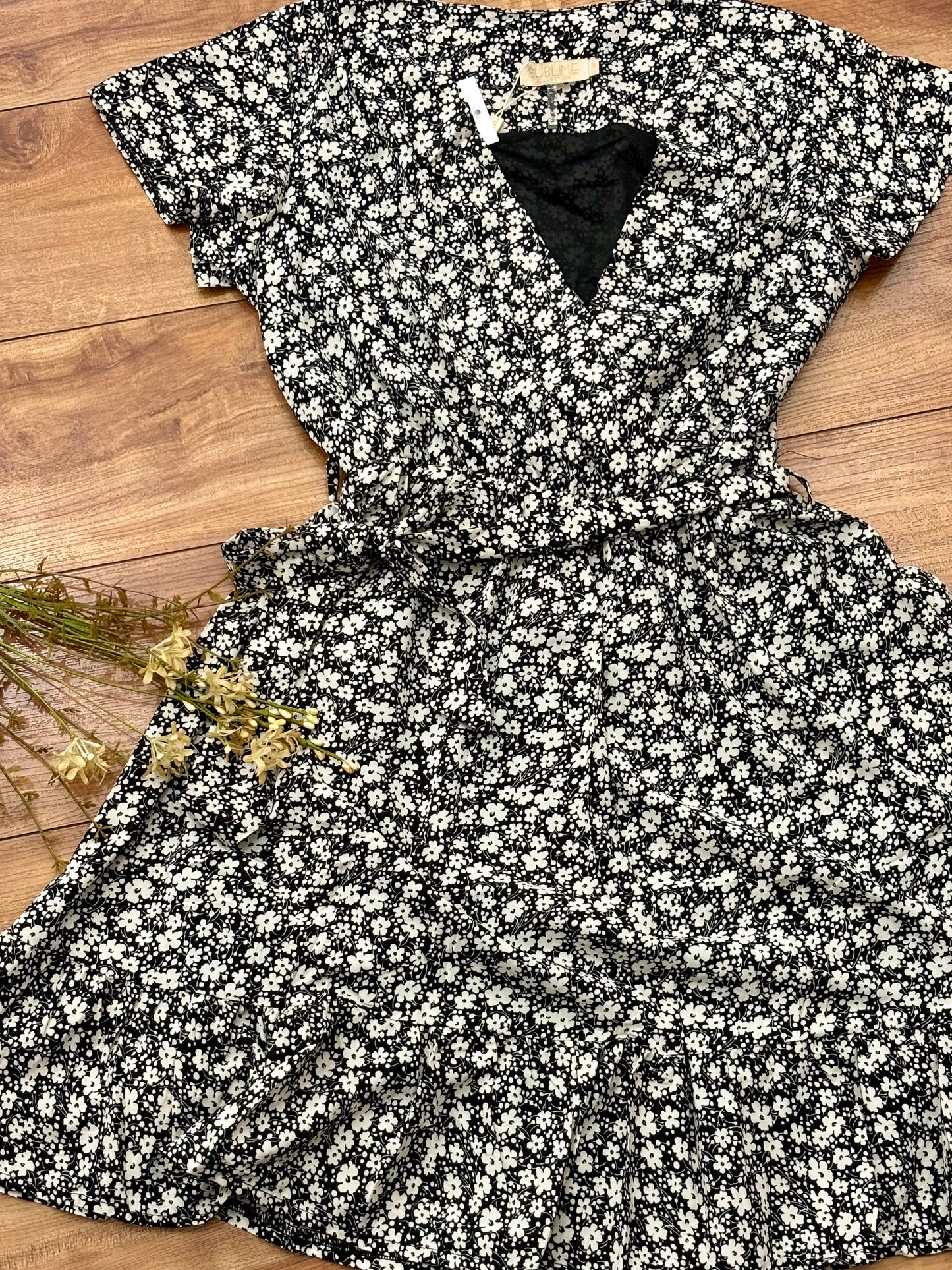Surplice Black Floral Mini Dress