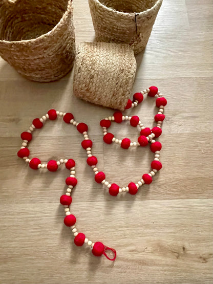 Red Wool and Wood Beaded Garland