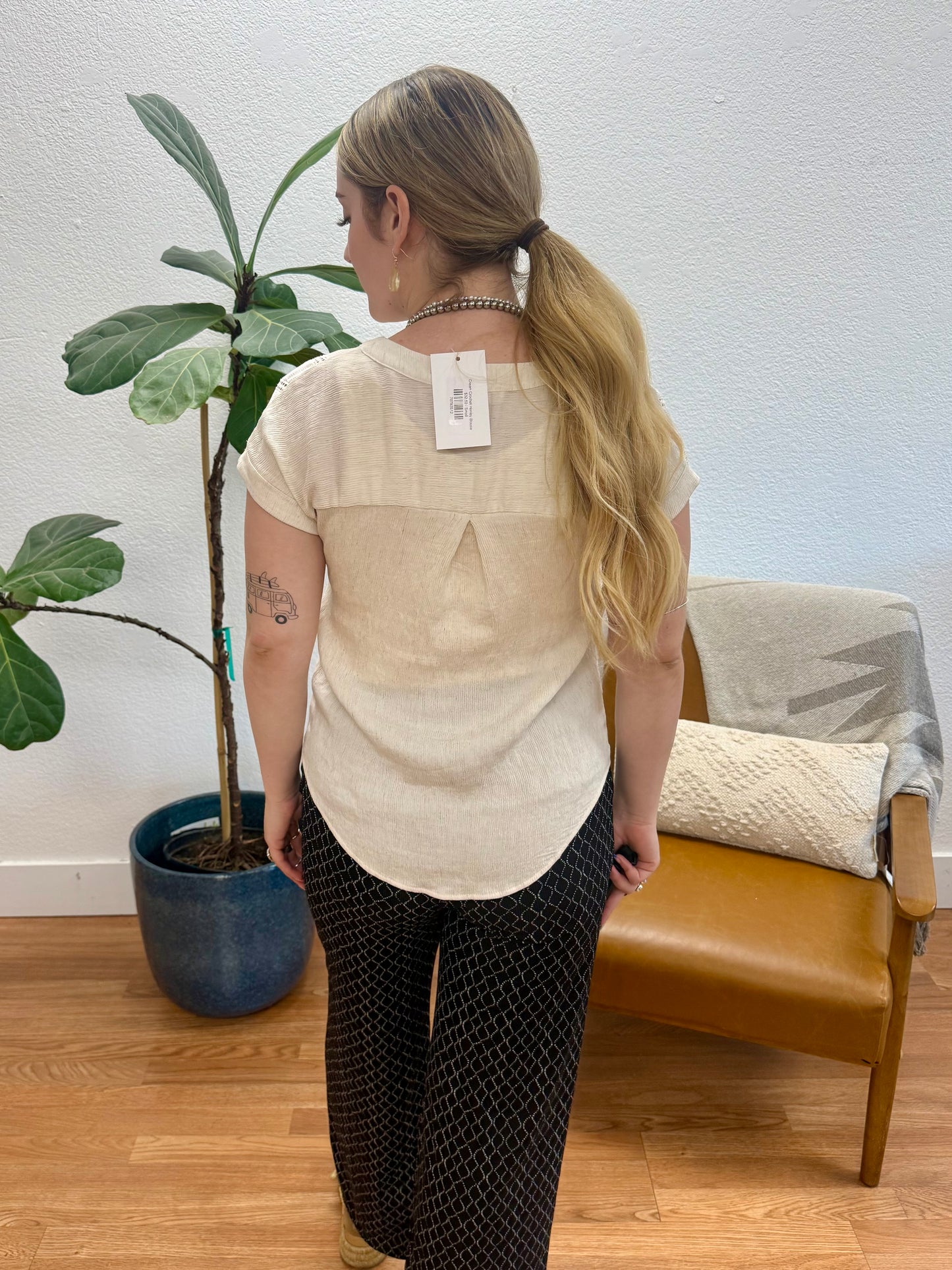 Cream Crochet Henley Blouse