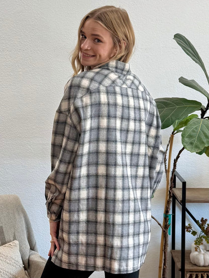 Ivory Grey Plaid Button Up Top