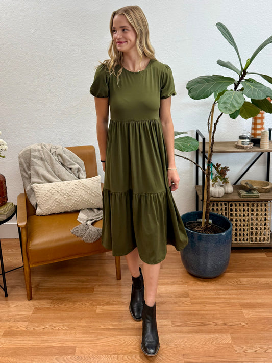 Olive Solid Tiered Maxi Dress