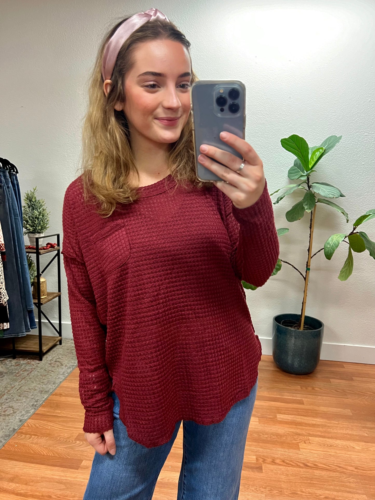 Merlot Scoop Neck Patch Sweater