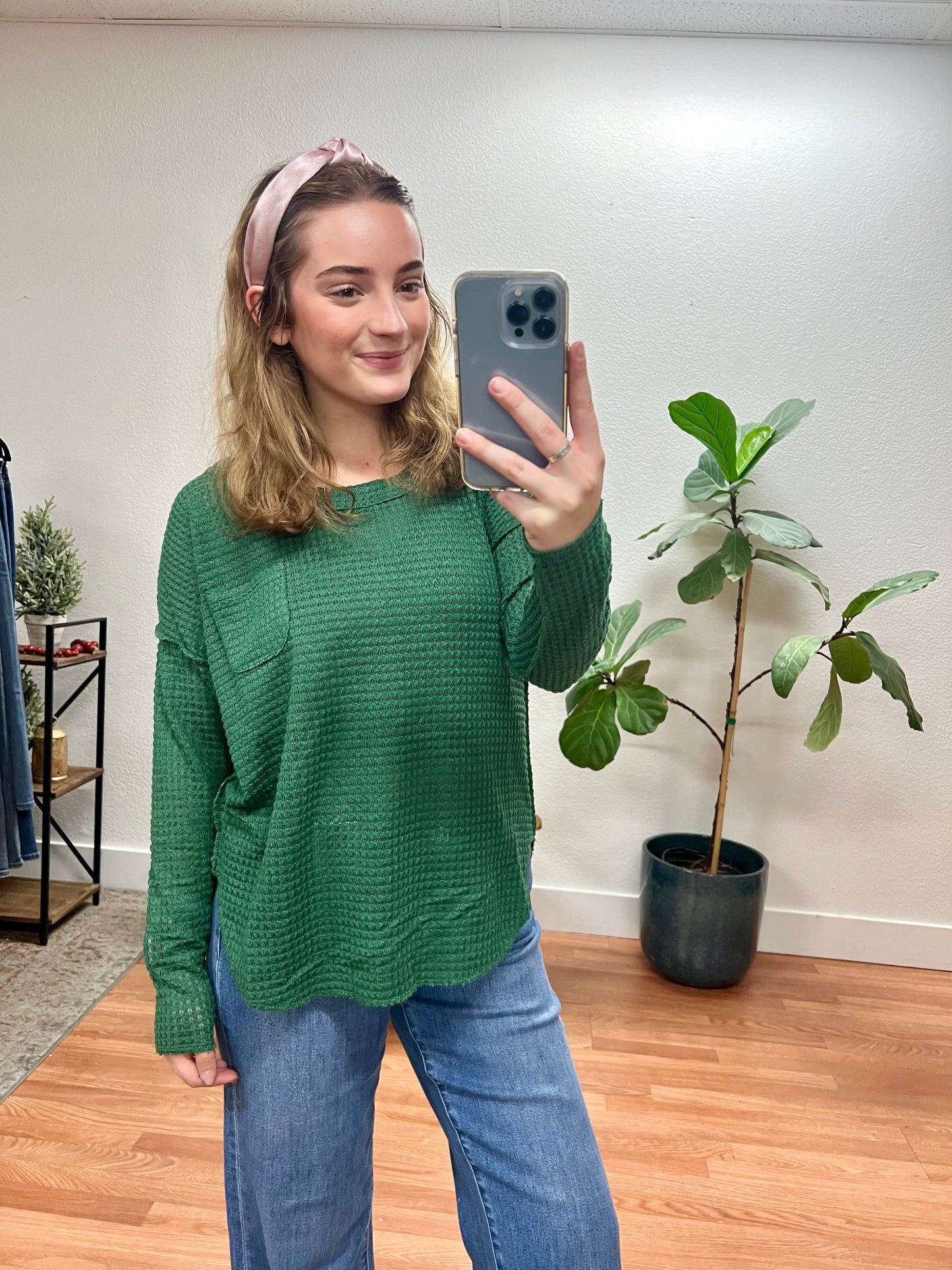 Hunter Green Scoop Neck Patch Sweater