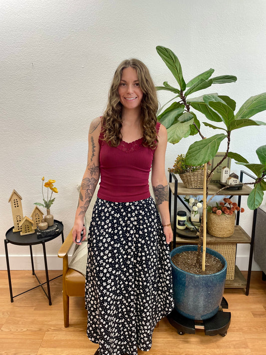 Black Smocked Floral Round Hem Skirt