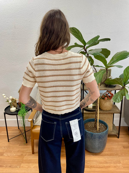 Taupe Striped Short Sleeve Cardigan