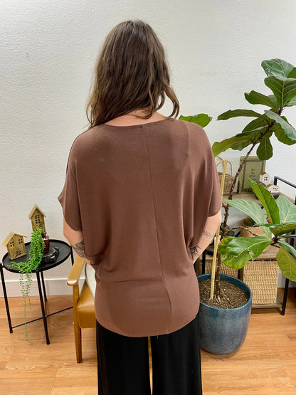 Brown Dolman Sleeve Boat Neck Top